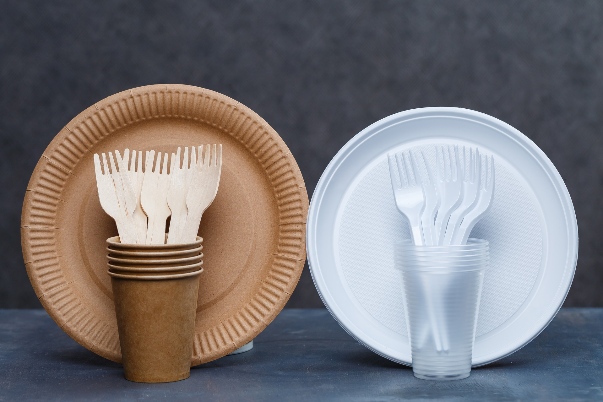 Eco Friendly Disposable Tableware Made Bamboo Wood Paper Gray Background Plastic Dishes Cutlery Caring Environment Recycling Problem Safe Planet Environmental Concept